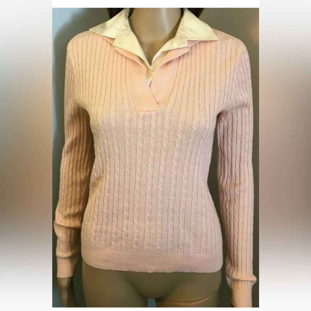 Ralph Lauren Cable Knit Cashmere Sweater Silk Collar Sz L